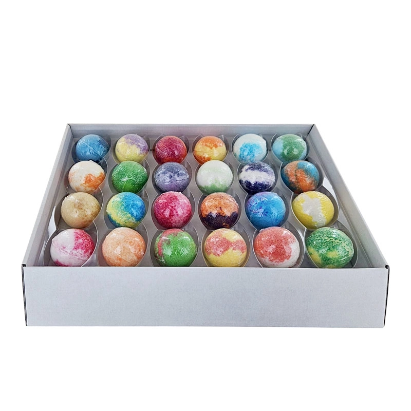 Tray containing the complete range of small bath balls. 2 of each fragrance.