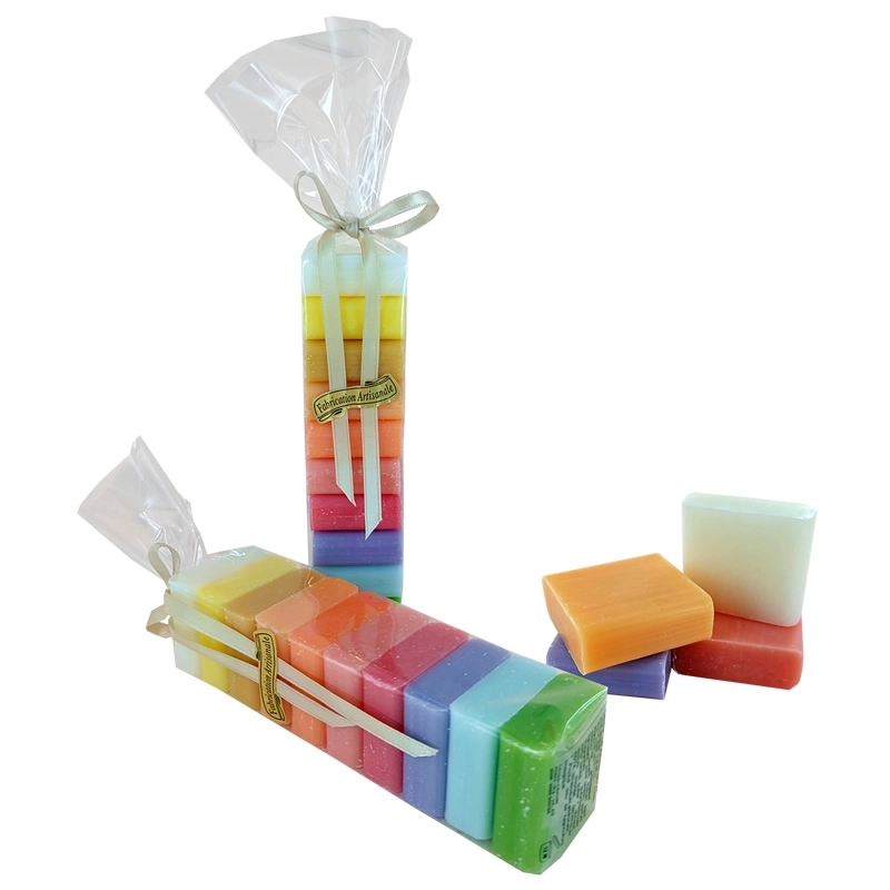 Assortment of 10 small guest soaps gift-wrapped.